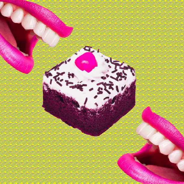 Contemporary minimal pop surrealism collage. Lips eating cake. Calories, diet, sweet food addictions concept