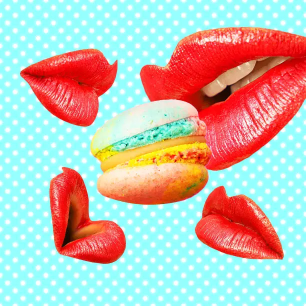 Contemporary minimal pop surrealism collage. Sensual Lips eating macarons. Calories, diet, sweet food addictions concept