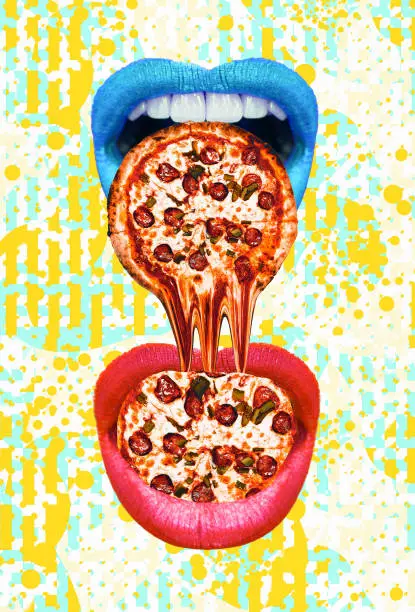 Contemporary minimal pop surrealism collage. Mouth eating pizza. Calories, diet, pizza loverб  addictions concept