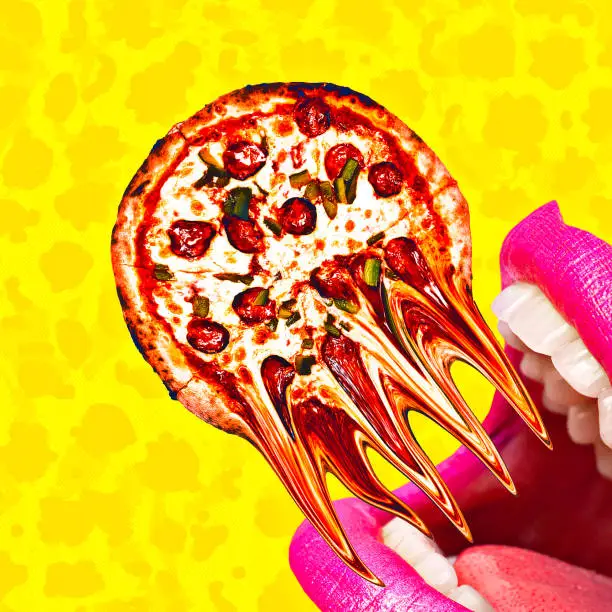Contemporary minimal pop surrealism collage art. Mouth eating pizza. Calories, diet, pizza lover addictions concept