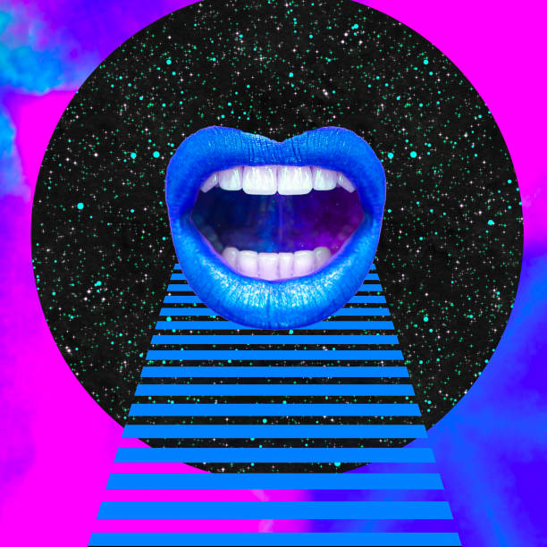 istock Contemporary minimal pop surrealism collage art. Sensual lips in geometry and space. Abstraction concept. 1344290340