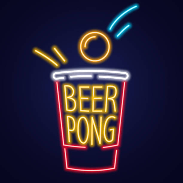 stockillustraties, clipart, cartoons en iconen met red beer pong illustration. plastic cup and ball with splashing beer. traditional party drinking game. vector. night bright sign - verjaardagsspellen