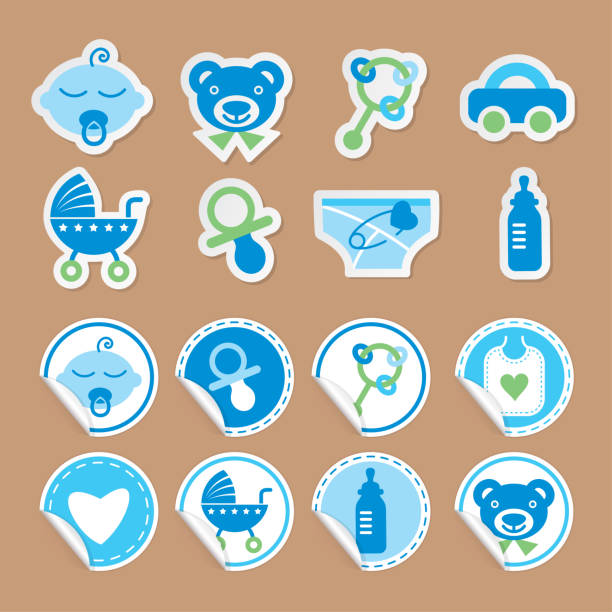 Newborn baby boy stickers set Vector set of stickers for a newborn baby boy. Babies Only stock illustrations