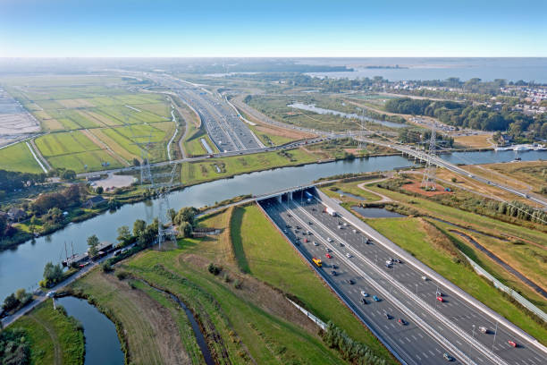 Aerial from Aquaduct Vechtzicht with the river Vecht and the highway A1 in the Netherlands stock photo