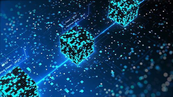 Abstract blockchain technology concept. Internet security. Isometric digital cube connection background.