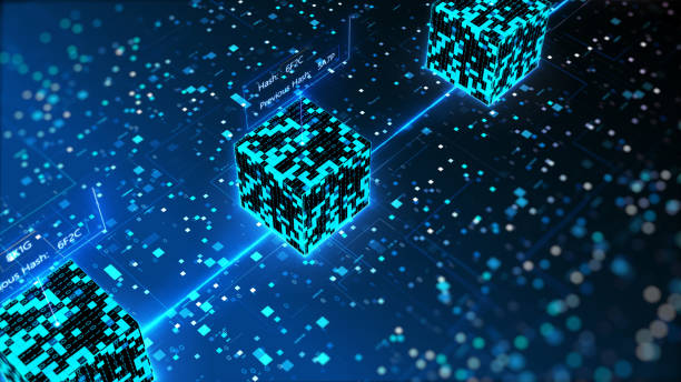 Abstract blockchain technology concept. Internet security. Isometric digital cube connection background. stock photo