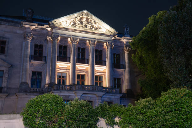 istock Classical ornate building facade with ornate pediment above six pillars 1344294940