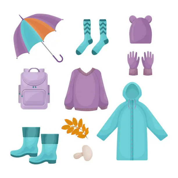 Vector illustration of A bright large set consisting of autumn accessories, a warm knitted sweater, rubber boots, gloves,a hat,a backpack, warm socks, as well as a mushroom and a yellow rowan leaf. Autumn symbols. Vector