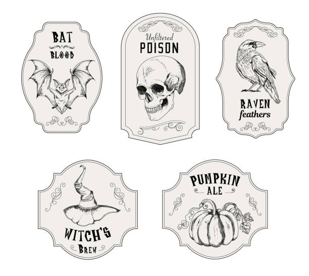 ilustraciones, imágenes clip art, dibujos animados e iconos de stock de etiquetas de boticario para decoraciones de halloween - drug label