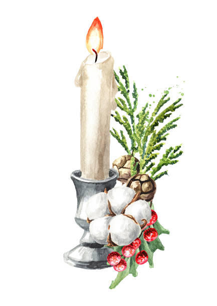 weihnachtskerze mit winterstrauß handgezeichnete aquarellillustration, isoliert auf weißem hintergrund - christmas wedding bride winter stock-grafiken, -clipart, -cartoons und -symbole