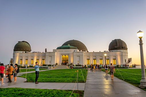 19 october 2018 - Los Angeles, California. USA: tourists in front of Griffith Observatory in Los Angeles at sunset