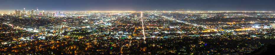 Panoramic view Los Angeles skyline at night