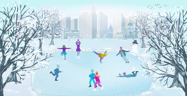 ilustraciones, imágenes clip art, dibujos animados e iconos de stock de una pista de hielo en un parque de invierno con gente patinando en el fondo de los edificios de la ciudad. recreación al aire libre de invierno. el concepto de un estilo de vida saludable. ilustración vectorial. - ice skating