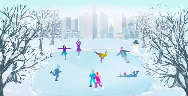 Vector illustration of An ice rink in a winter park with people skating on the background of city buildings. Winter outdoor recreation. The concept of a healthy lifestyle. Vector illustration.