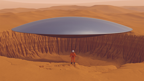 Orange Astronaut with Silver UFO Desert Crater Sand Dunes Landscape 3d illustration render