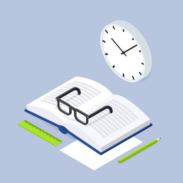 назад к школьной книжной библиотеке изометрическая иллюстрация - advice reading student glasses stock illustrations