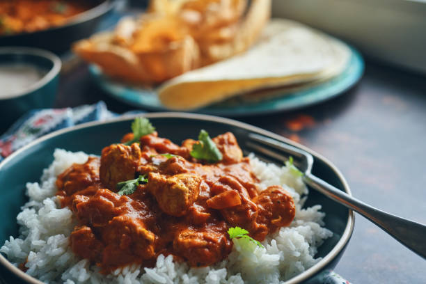 curry de frango indiano com pão naan e poppadum - caril - fotografias e filmes do acervo