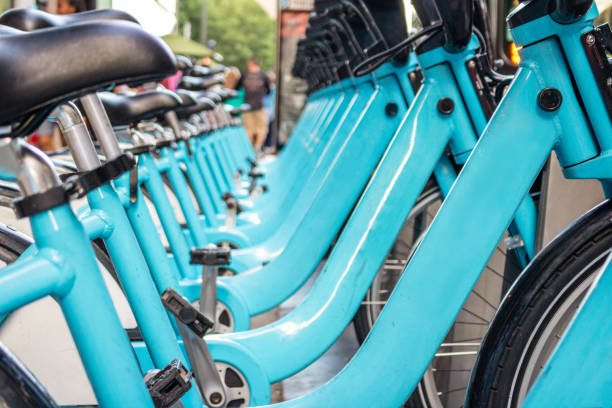 istock Blue bikes ready to be rented 1344308327