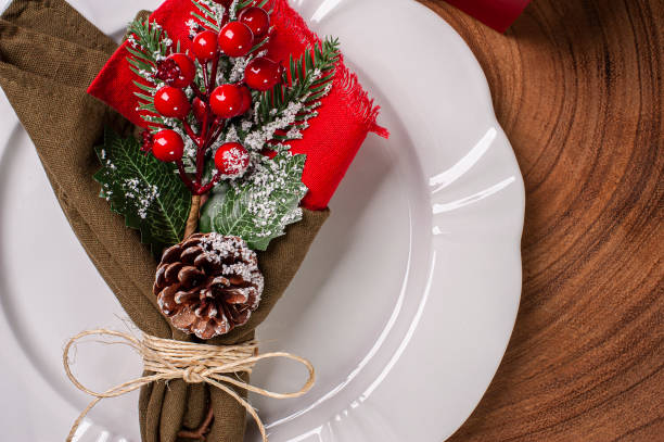 istock Table set for Christmas on rustic wooden background. Top view. Copy space 1344308728