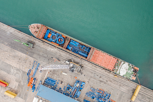 Aerial view of an International port, Business logistics concept, Cargo Container ship in import export and business logistics, Shipping harbor.