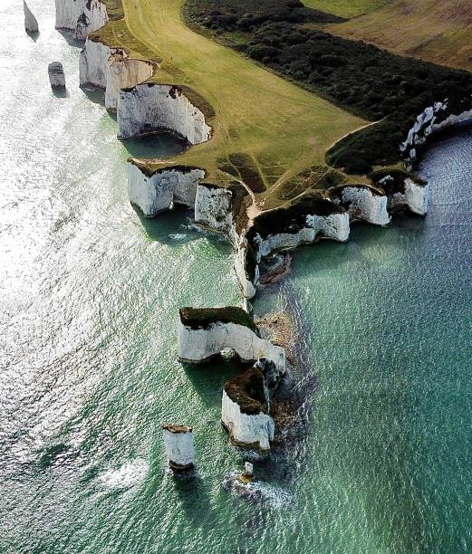 Old Harry Rocks Aerial view of Old Harry Rocks jurassic coast world heritage site stock pictures, royalty-free photos & images