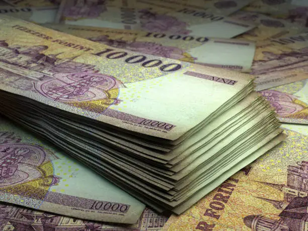 Money of Hungary. Hungarian forint bills. HUF banknotes. 10000 forintok. Business, finance, news background.