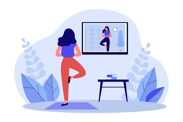 illustrazioni stock, clip art, cartoni animati e icone di tendenza di donna che pratica yoga a casa con video lezione online - yoga meeting