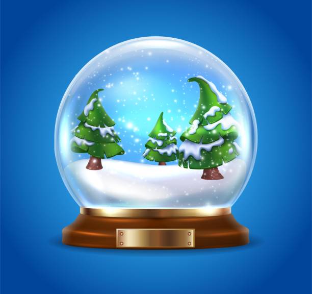 illustrations, cliparts, dessins animés et icônes de globe vectoriel réaliste en verre de neige avec arbre de noël sur fond bleu. - snow globe dome glass transparent