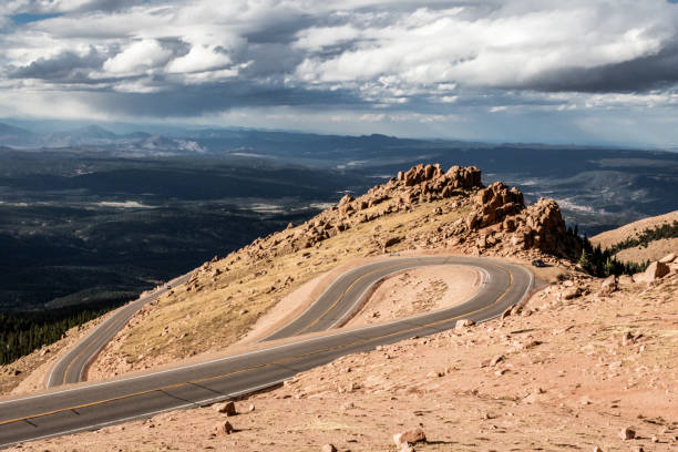 Winding mountain road driving up to the side of Pike's Peak in Colorado.