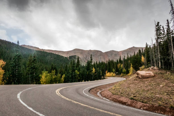 istock Beautiful aspen trees lining the road during a light rain storm in Colorado 1344322480