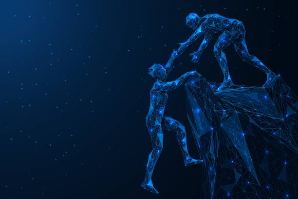 A helping hand. A man on top of a mountain helps another to climb. A low-poly construction of interconnected elements. Blue background.