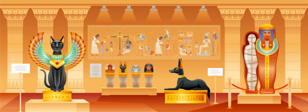 Ancient Egyptian museum. Egypt pharaoh vector illustration with historical pyramid interior. Mummy, old tomb with cat, dog statue, artwork gallery hall with cairo civilization objects. Cartoon museum Ancient Egyptian museum. Egypt pharaoh vector illustration with historical pyramid interior. Mummy, old tomb with cat, dog statue, artwork gallery hall with cairo civilization objects. Cartoon museum egyptian palace stock illustrations