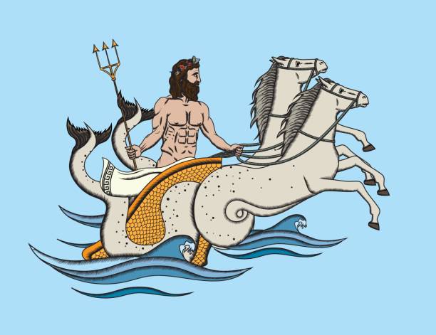 poseidon_color - roman god trident neptune sea stock illustrations