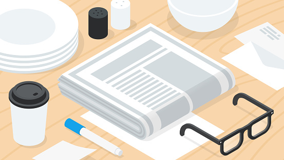 Morning newspaper breakfast isometric vector illustration. Serving wooden table with daily postal. Reading news mass media financial international information eating meal and coffee. Brunch break