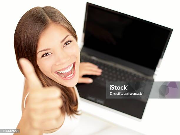 Laptop Woman Happy Stock Photo - Download Image Now - Thumbs Up, Laptop, Women