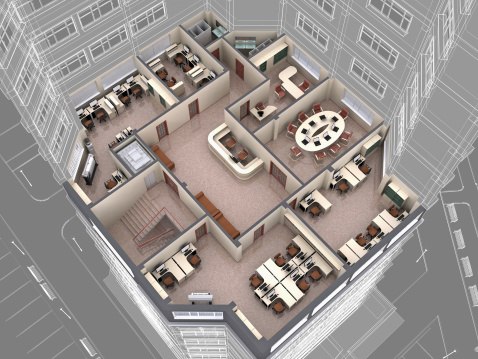 Interior of office building look downwards. 3d image.