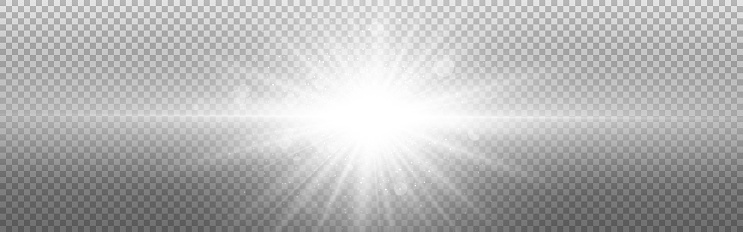 Silver light on transparent background. Glowing light effect. White realistic star with rays. Abstract flash with silver particles. Vector illustration.