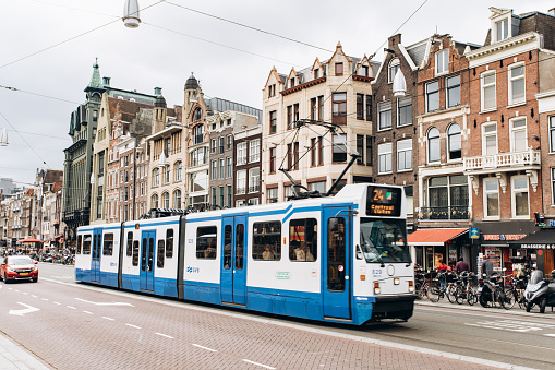 Amsterdam, Netherlands - September 5, 2017: Tram departing from Amstel station
