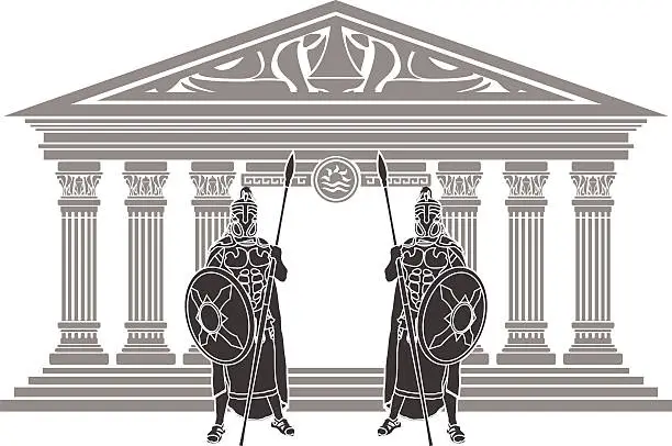 Vector illustration of two titans and temple of atlantis