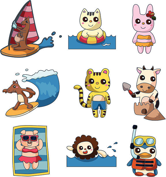 cartoon summer animal 9 cute cartoon summer animal set,vector clip art surfing cow stock illustrations