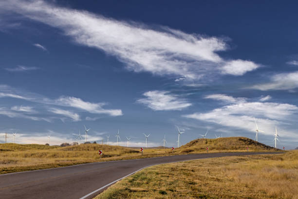 Wind turbines along a road in Chubut, Argentina