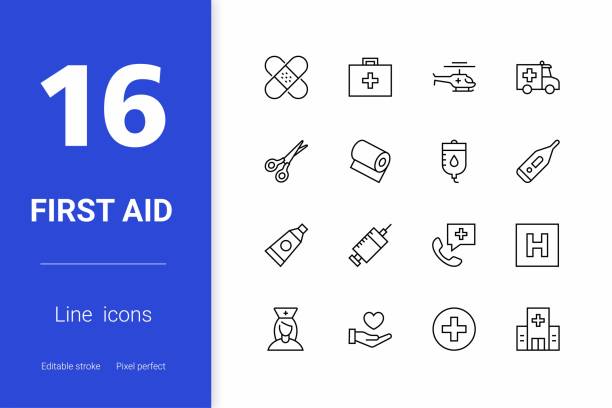 ilustraciones, imágenes clip art, dibujos animados e iconos de stock de iconos de línea de trazo editable de primeros auxilios - bandage sheers