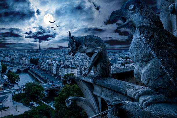 フランス・ハロウィーンのノートルダム・ド・パリのガーゴイル - paris france notre dame night ile de la cite ストックフォトと画像