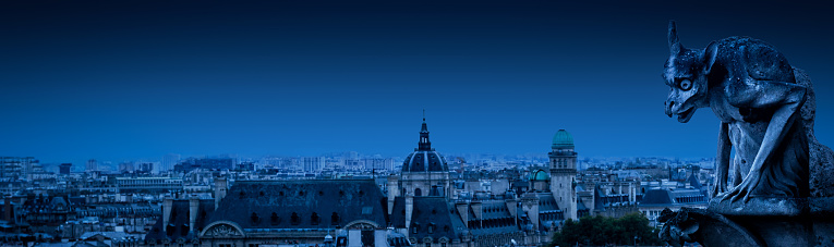 Gargoyle (chimera) of Notre Dame de Paris on Halloween, France. Fantasy panoramic view of creepy Paris, skyline at gothic night. Panorama of dark haunted city, banner with scary scene for background.