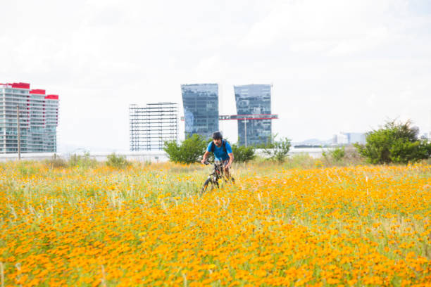 Man riding a bicycle in the countryside, in the background buildings