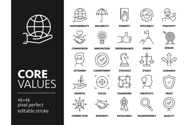 Core Values Line Icon Set. Core Values Vector Drawing Icons on 48px grid with 1px stroke width. Infographics, mobile and web etc. commits stock illustrations