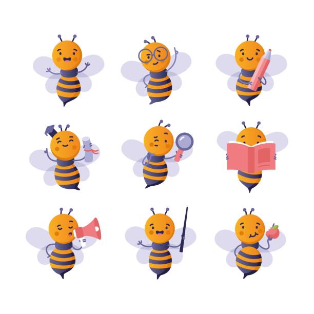 снова в школу с милой мультяшной пчелой - advice reading student glasses stock illustrations