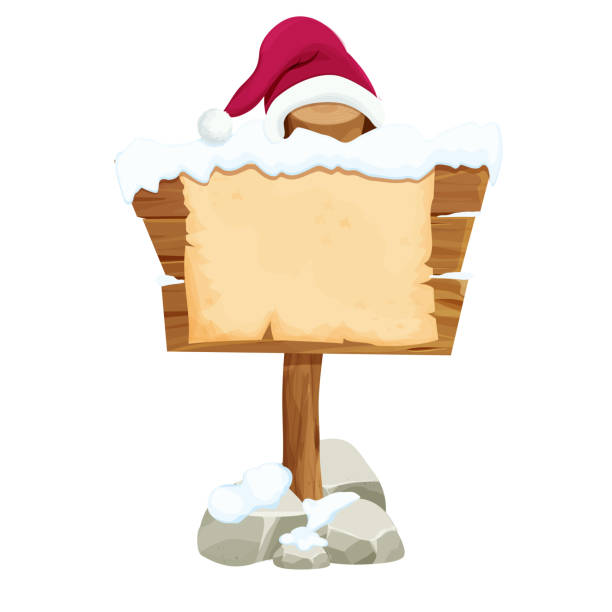 ilustrações de stock, clip art, desenhos animados e ícones de wooden signboard and parchment paper, empty christmas letter with santa hat in cartoon style isolated on white. new year decoration, frame. holiday, winter. vector illustration - paper stack heap index card