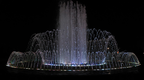 Sao Paulo, Brazil, March 29, 2018. Night view of Fountain in Ramos de Azevedo Square, in honor of the composer Carlos Gomes, in downtown Sao Paulo