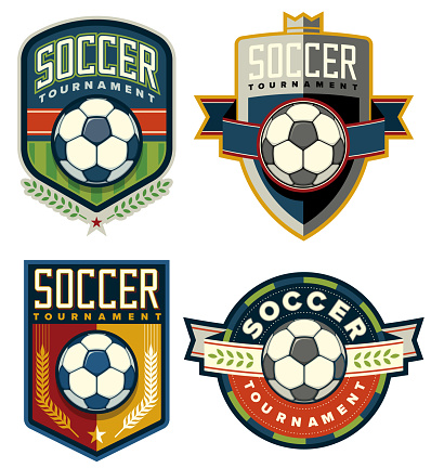 Set of soccer tournament emblems in various colors.  Vector illustration of a football crests